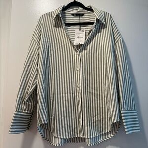 Zara Green and White Striped Poplin Shirt Size Small